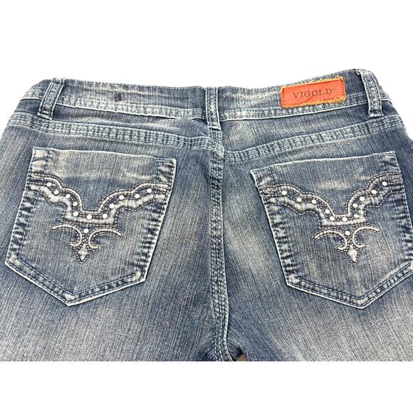 Vigold Skinny Jeans Women 7/8 Straight Leg Faded Distressed Sequined Medium Wash - Picture 9 of 13